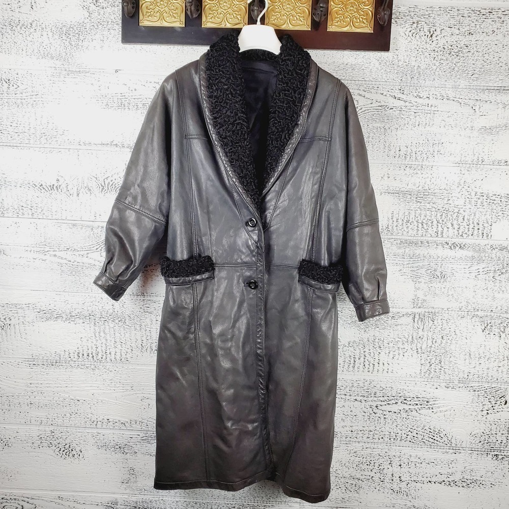 Vintage Vera Pelle Trench Leather Long Black Italian Collared Coat